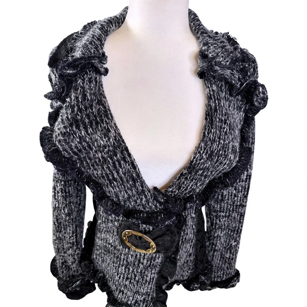 COCO & TASHI Black White Marled Ruffle Lace Cardigan Sweater‎ Women's L Office